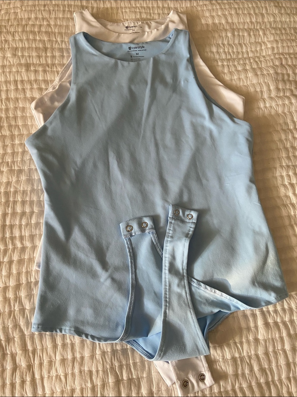 Cyanstyle Light Blue & White Snap-Back Bodysuit Tank Duo Sz M